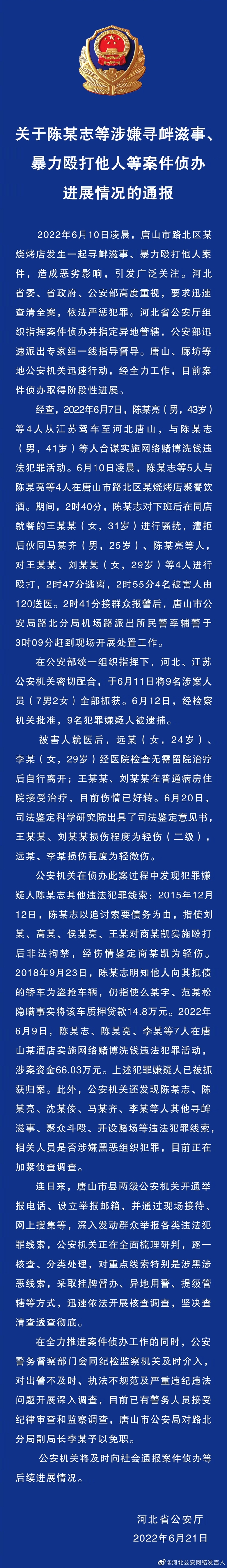 關(guān)于陳某志等涉嫌尋釁滋事、暴力毆打他人等案件偵辦進(jìn)展情況的通報(bào)