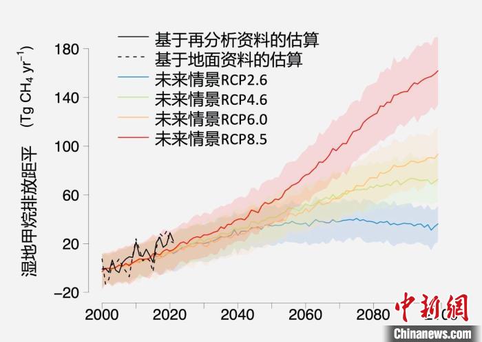 基于觀測的濕地甲烷排放變化與未來氣候變化情景下估算的對比?！≈锌圃呵嗖馗咴?供圖