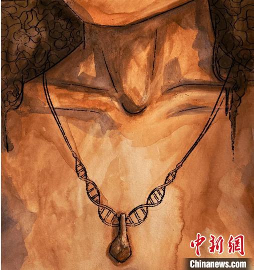 墜飾藝術(shù)再現(xiàn)圖，圖中吊墜繩為DNA螺旋樣式(圖片作者M(jìn)yrthe Lucas)?！∈┢樟指瘛ぷ匀?供圖