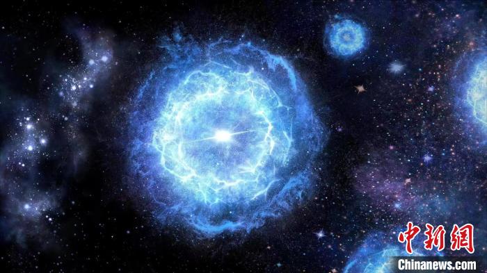 第一代超大質(zhì)量恒星演化成為“對(duì)不穩(wěn)定超新星”的藝術(shù)展示圖?！≈锌圃簢?guó)家天文臺(tái) 供圖