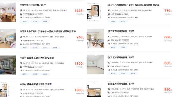 北京市海淀區(qū)部分高單價(jià)二手房源截圖。