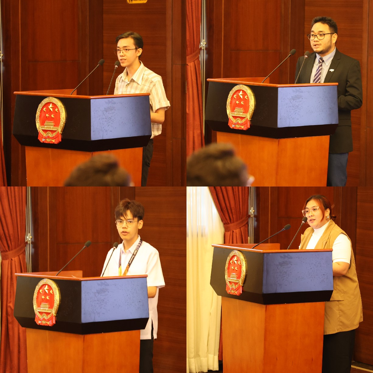 菲律賓大學(xué)、菲律賓師范大學(xué)的4位學(xué)生和校友代表現(xiàn)場(chǎng)發(fā)言向中方表示感謝并分享體會(huì)。駐菲律賓使館 供圖
