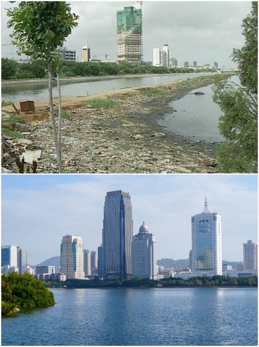 上圖：筼筜湖治理前資料圖。下圖：筼筜湖如今的美麗風(fēng)光。人民網(wǎng)記者 吳超嵐攝