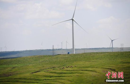 6月28日，河北張家口張北草原上大片風(fēng)力發(fā)電的“風(fēng)車”規(guī)模宏大。 中新社記者 楊艷敏 攝