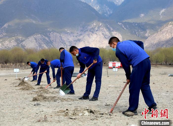 林芝市巴宜區(qū)森林消防中隊志愿服務(wù)隊正在揮鍬鏟土?！∥骼@拉翁 攝