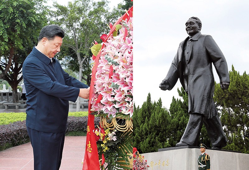 2020年10月14日，習(xí)近平總書記向深圳蓮花山公園鄧小平同志銅像敬獻(xiàn)花籃。