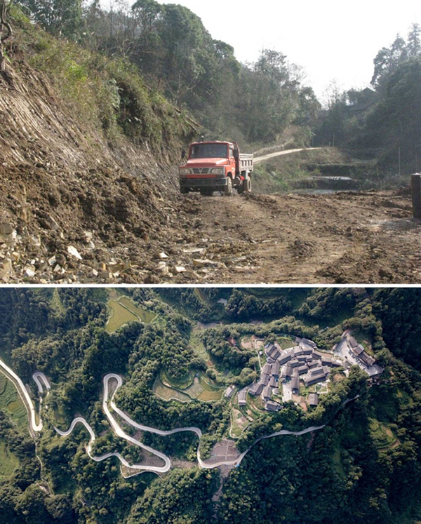 拼版照片：上圖為2011年12月拍攝的湖南省湘西土家族苗族自治州花垣縣十八洞村進村道路；下圖為2019年9月拍攝的十八洞村及進村道路。
