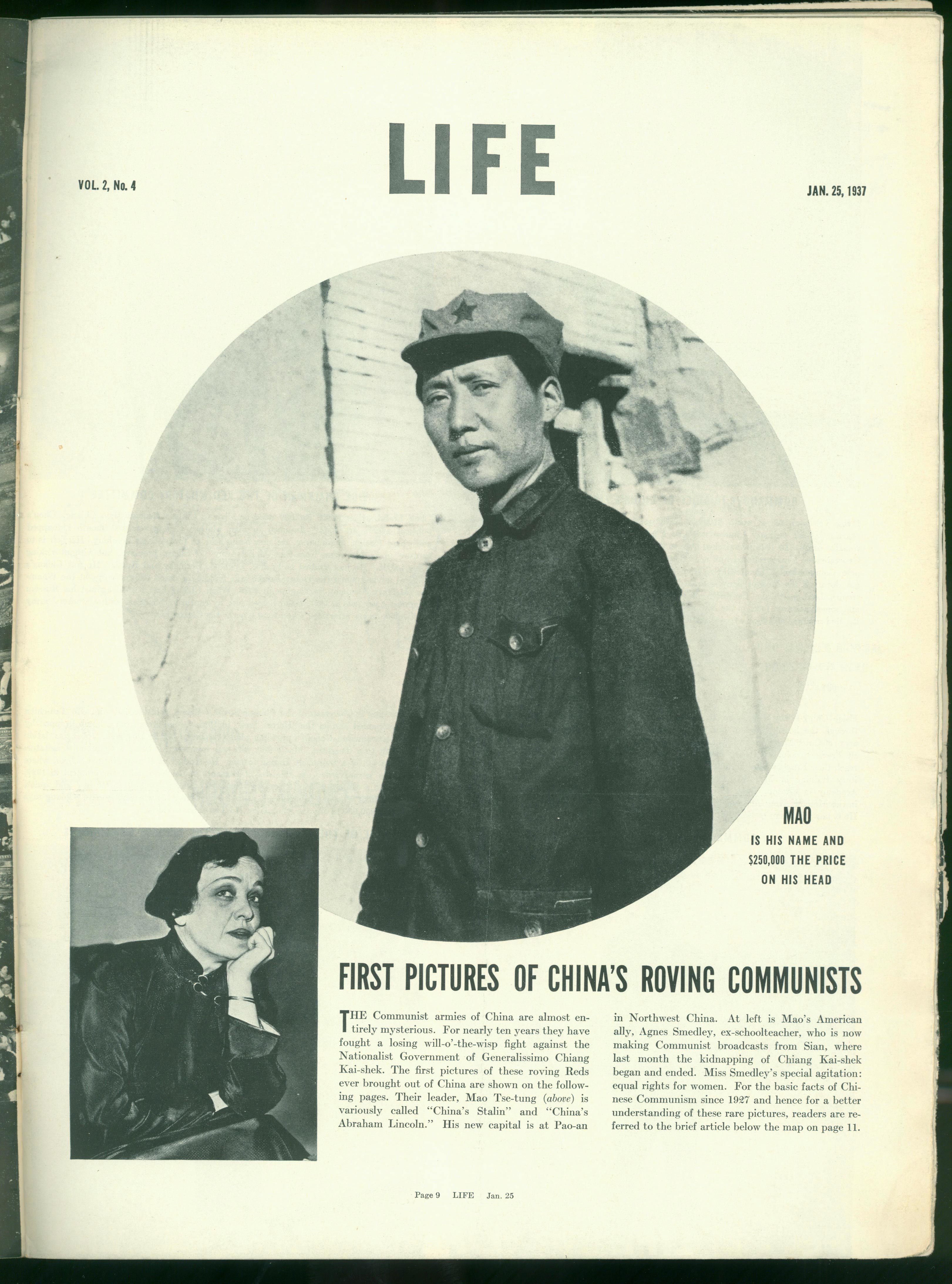 1937年1月25日，美國《生活》周刊刊登毛澤東照片，照片右下方寫著一行字：“毛，這是他的名字，他的人頭價值25萬元。”