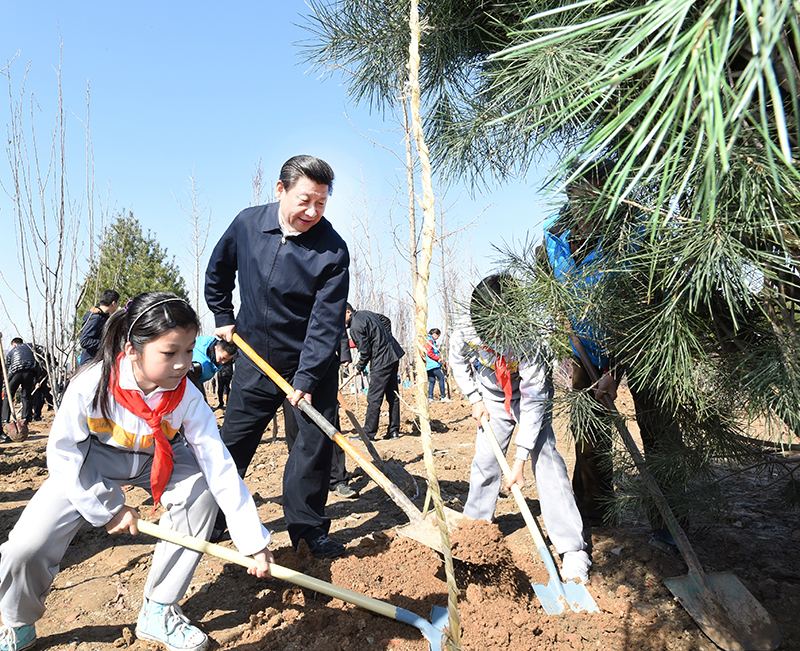 2015年4月3日，習(xí)近平總書(shū)記同大家一起植樹(shù)。