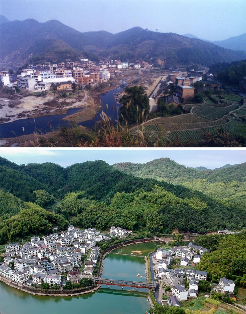 圖為浙江省杭州市淳安縣楓樹嶺鎮(zhèn)下姜村拼版圖，其中上圖為資料照片、下圖由新華社記者張鋮攝。