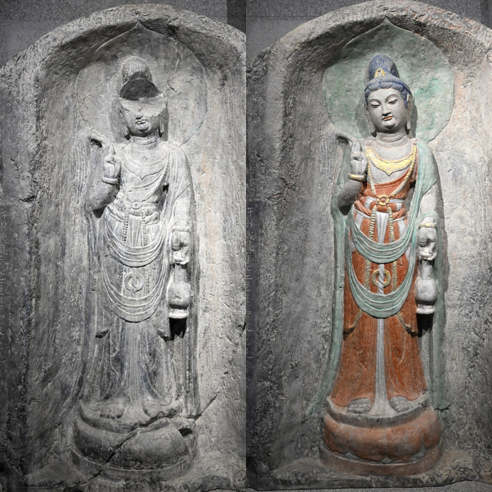 左圖為龍門石窟萬佛洞窟前南壁菩薩造像的3D打印模型；右圖為利用數(shù)字化技術(shù)復(fù)原后的3D打印模型（2025年4月10日攝，拼版照片）。復(fù)原后的像龕精妙絕倫，栩栩如生，被游客譽(yù)為“龍門最美菩薩”。圖片來源新華社