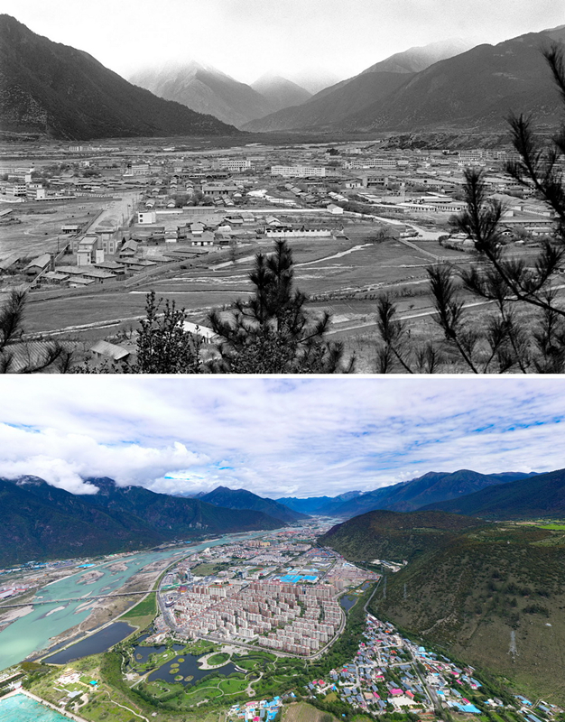拼版照片：上圖是20世紀(jì)90年代的西藏林芝八一鎮(zhèn)；下圖是2021年7月20日拍攝的西藏林芝八一鎮(zhèn)風(fēng)貌。