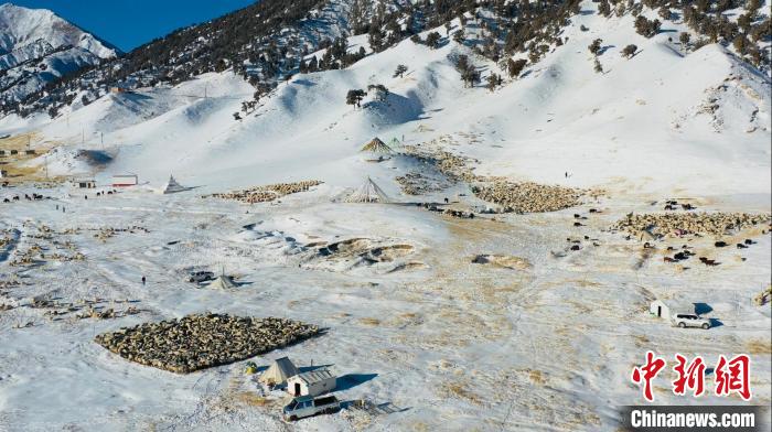 圖為無人機(jī)航拍牧場?！《继m縣融媒體中心供圖
