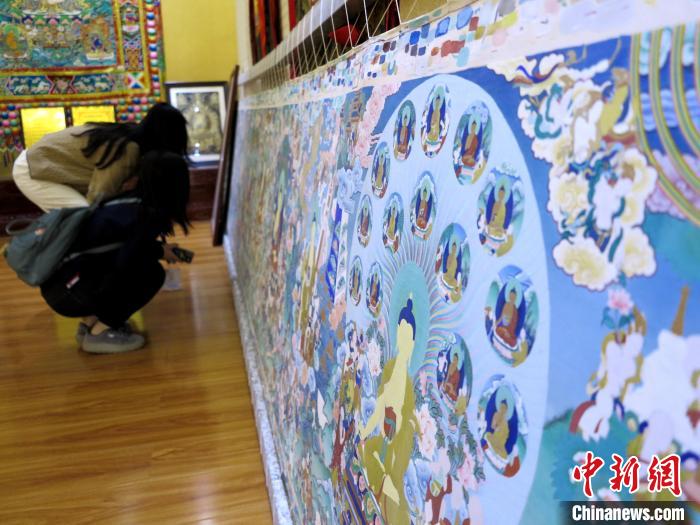 圖為民眾參觀半成品的唐卡?！?zhí)砀?攝